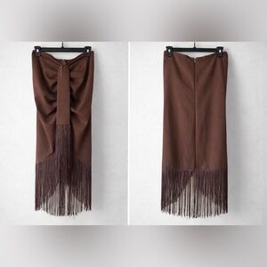 PrettyLittleThing Chocolate Asymmetrical Skirt with Fringe